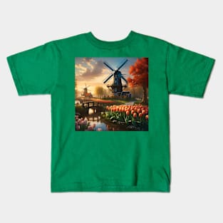 Windmill in Dutch Countryside by River with Tulips Kids T-Shirt